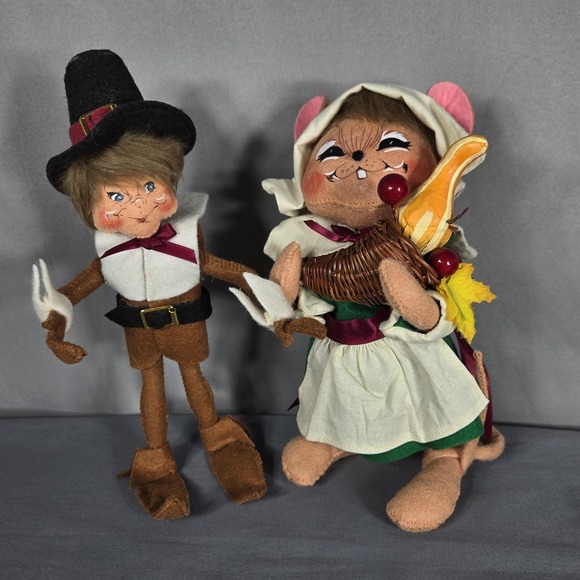 Annalee Thanksgiving Pilgrim Mice Pair Cornucopia Boy Girl Doll Figurines 2008 - Picture 1 of 13